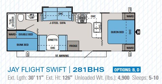 View 2014 Jayco Jay Flight Swift 281BHS complete specs and manufacturer brochures