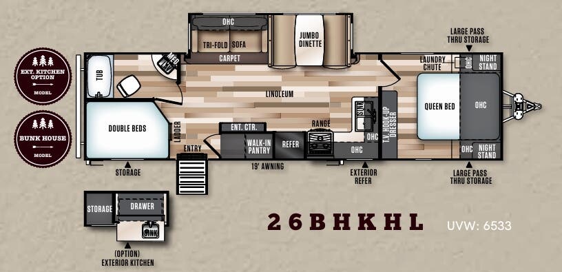 View 2018 Forest River Wildwood Heritage Glen Hyper-Lyte 26BHKHL complete specs and manufacturer brochures