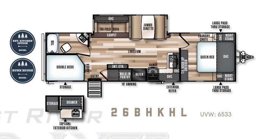 View 2018 Forest River Wildwood Heritage Glen Hyper-Lyte Hemisphere 26BHKHL complete specs and manufacturer brochures