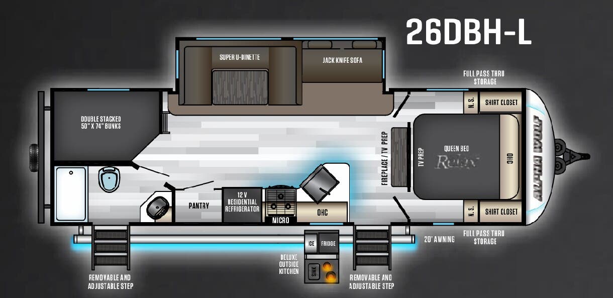 View 2020 Forest River Cherokee Alpha Wolf 26DBH-L complete specs and manufacturer brochures