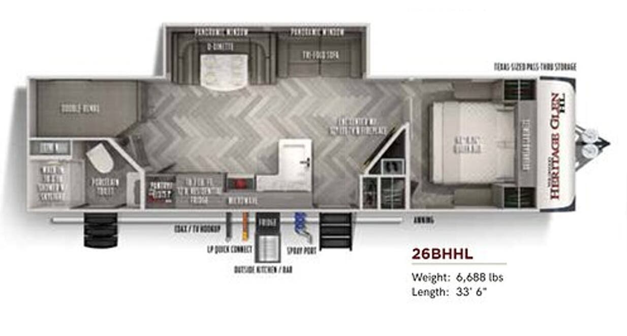 View 2020 Forest River Wildwood Heritage Glen Hyper-Lyte 26BHHL complete specs and manufacturer brochures