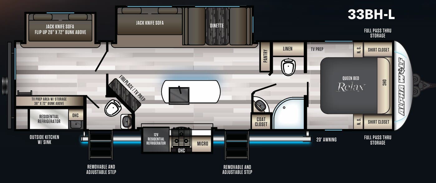 View 2021 Forest River Cherokee Alpha Wolf 33BH-L complete specs and manufacturer brochures