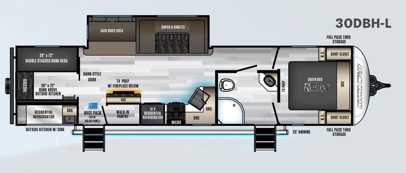 View 2022 Forest River Cherokee Alpha Wolf 30DBH-L complete specs and manufacturer brochures