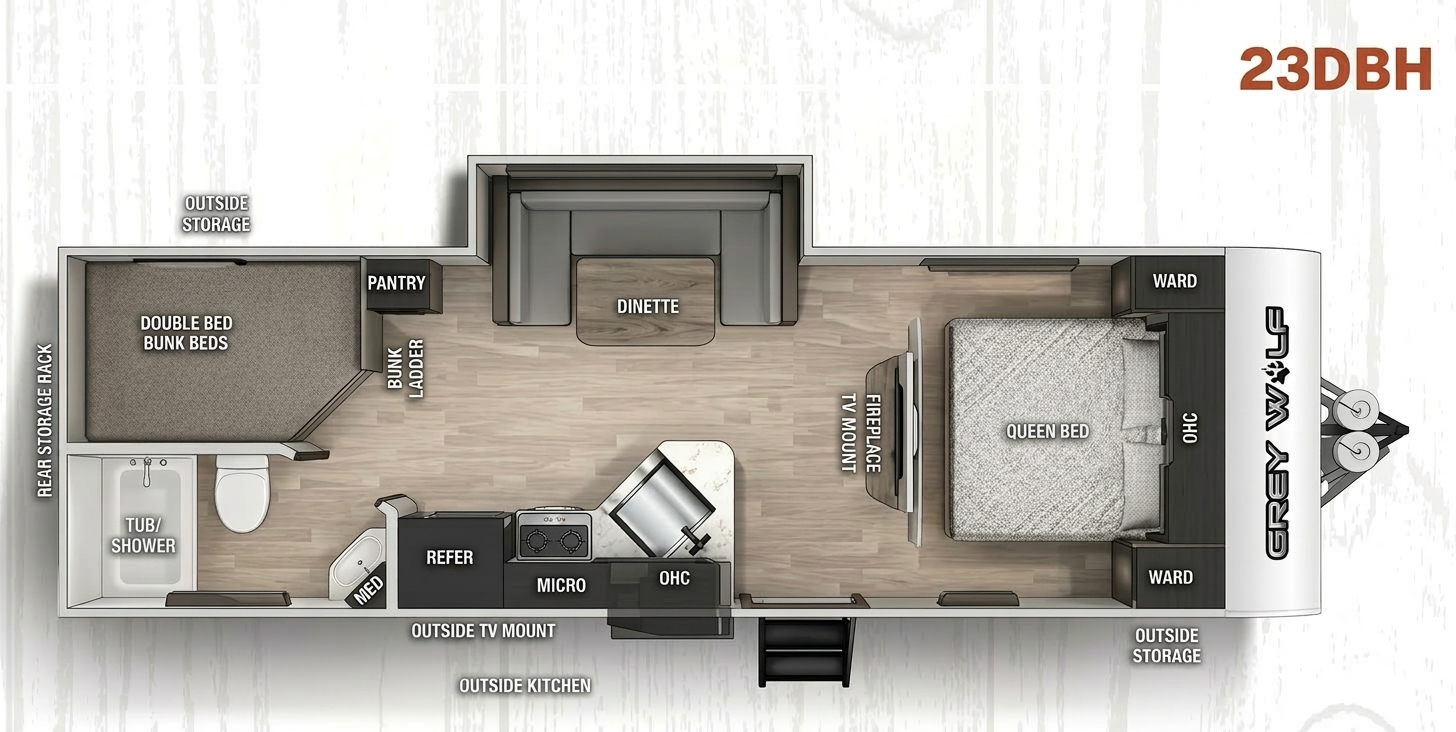 View 2022 Forest River Cherokee Grey Wolf 23DBH complete specs and manufacturer brochures
