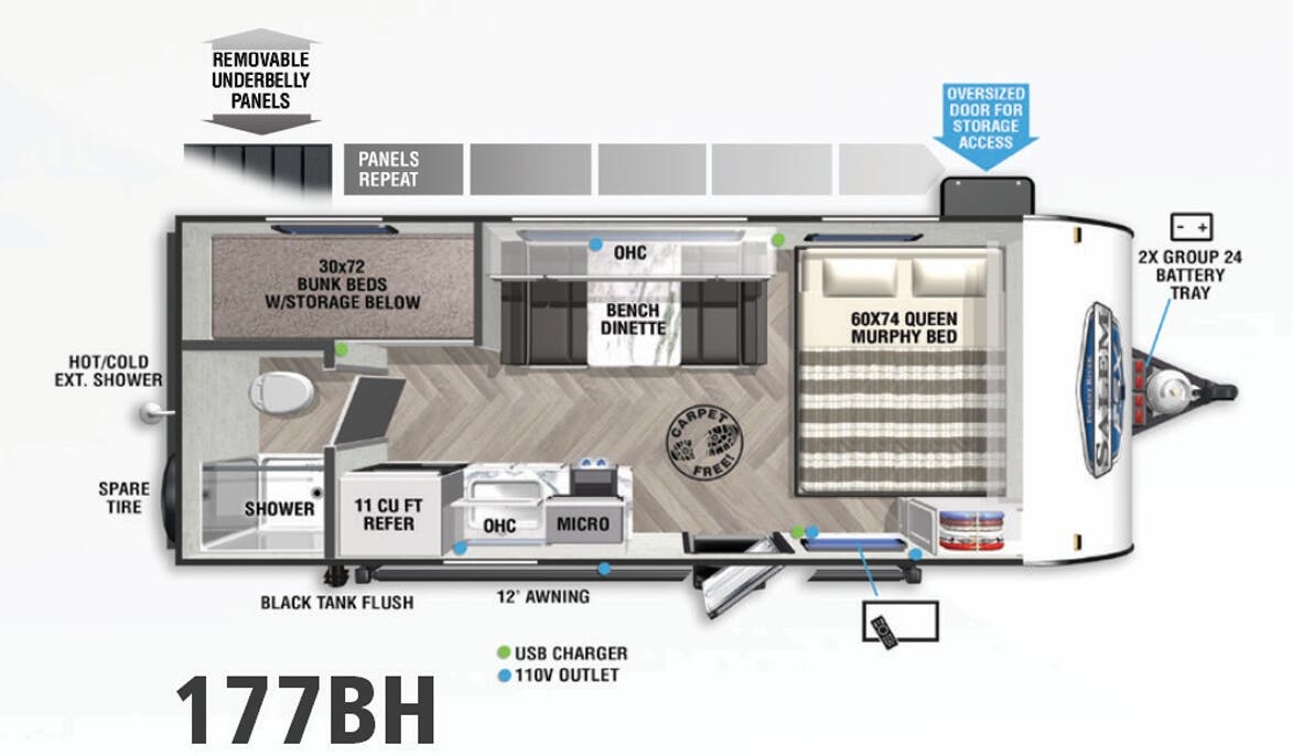 View 2022 Forest River Salem FSX 177BH complete specs and manufacturer brochures