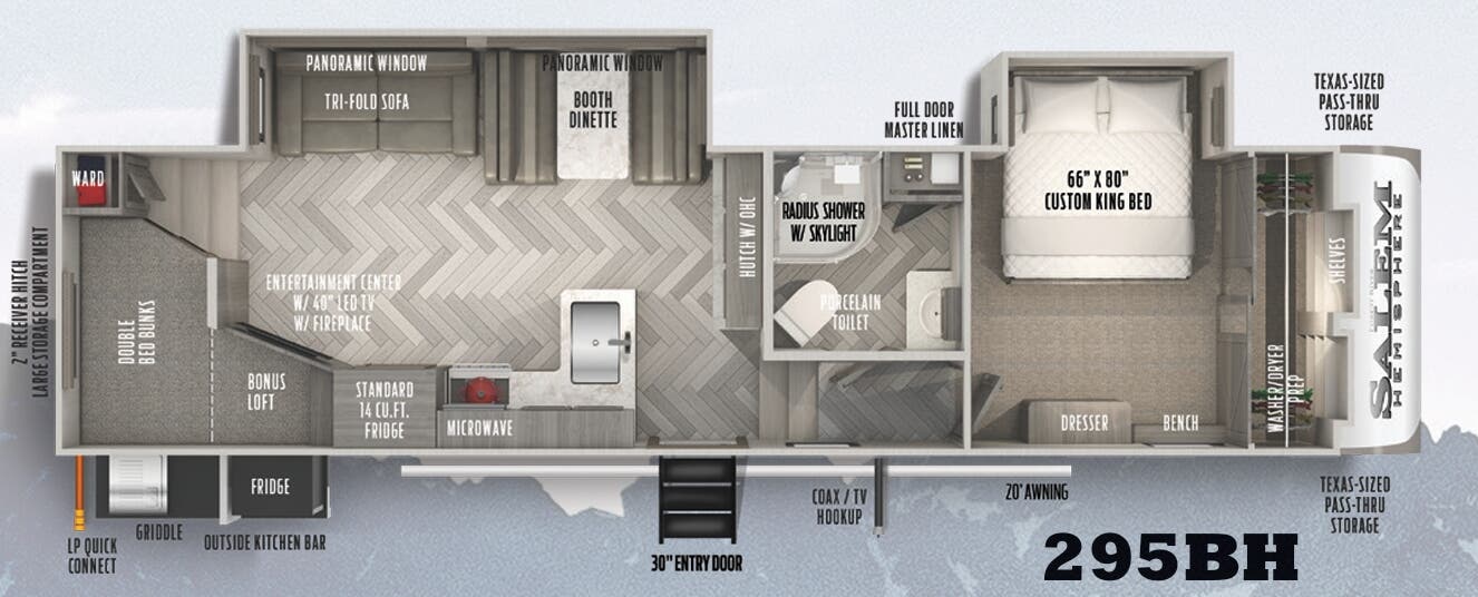 View 2022 Forest River Salem Hemisphere 295BH complete specs and manufacturer brochures
