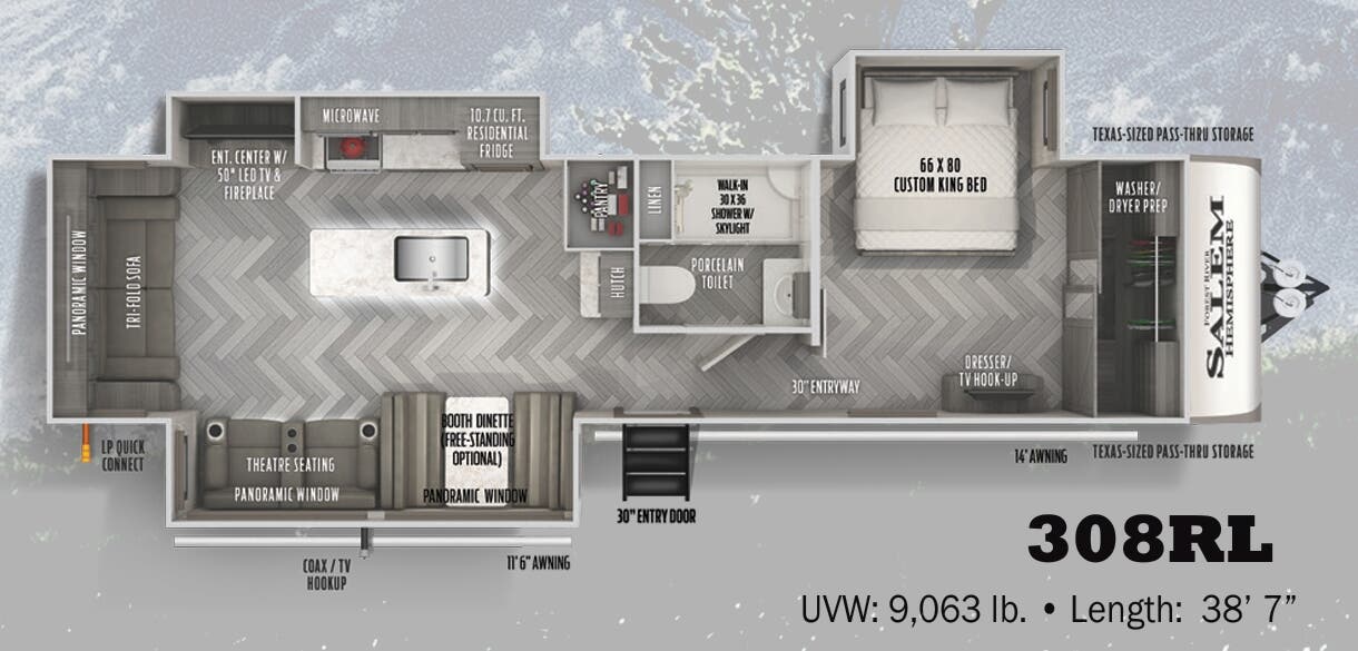 View 2022 Forest River Salem Hemisphere 308RL complete specs and manufacturer brochures