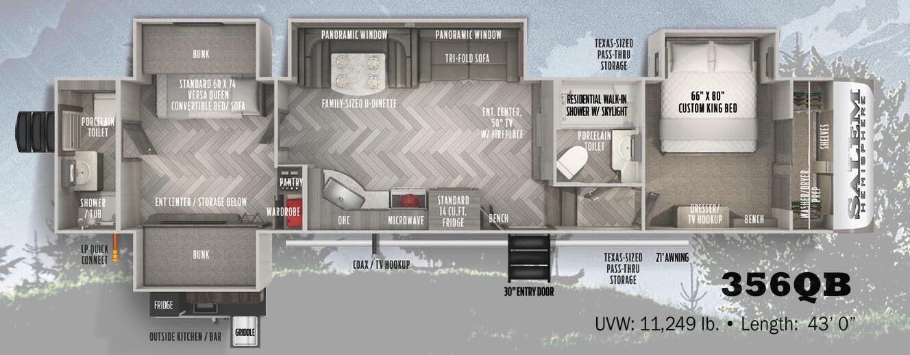 View 2022 Forest River Salem Hemisphere 356QB complete specs and manufacturer brochures