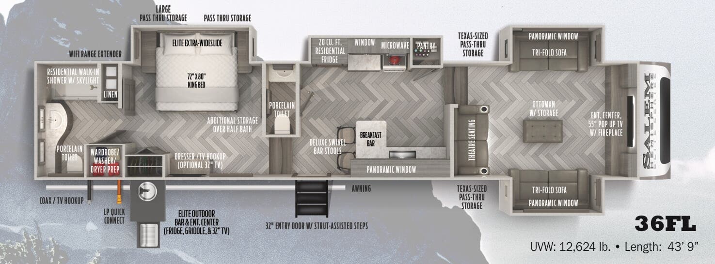 View 2022 Forest River Salem Hemisphere Elite 36FL complete specs and manufacturer brochures