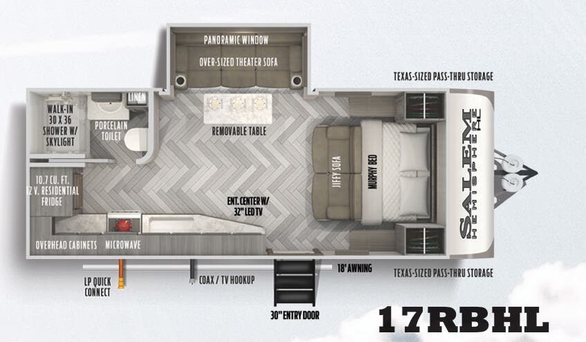 View 2022 Forest River Salem Hemisphere Hyper-Lyte 17RBHL complete specs and manufacturer brochures