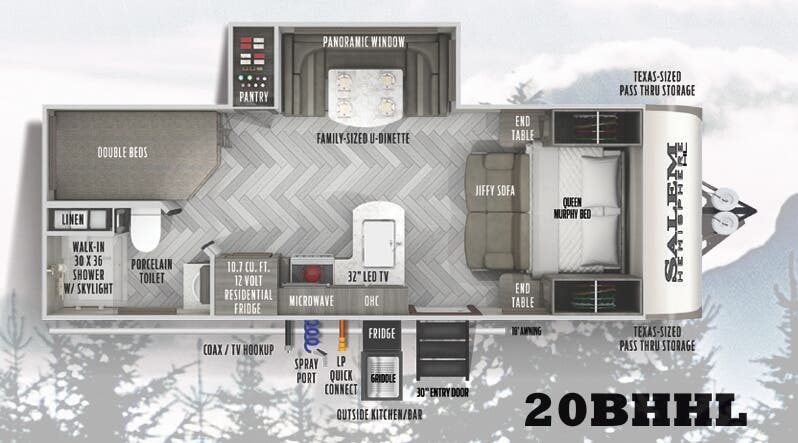 View 2022 Forest River Salem Hemisphere Hyper-Lyte 20BHHL complete specs and manufacturer brochures