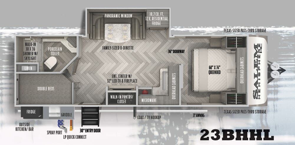 View 2022 Forest River Salem Hemisphere Hyper-Lyte 23BHHL complete specs and manufacturer brochures