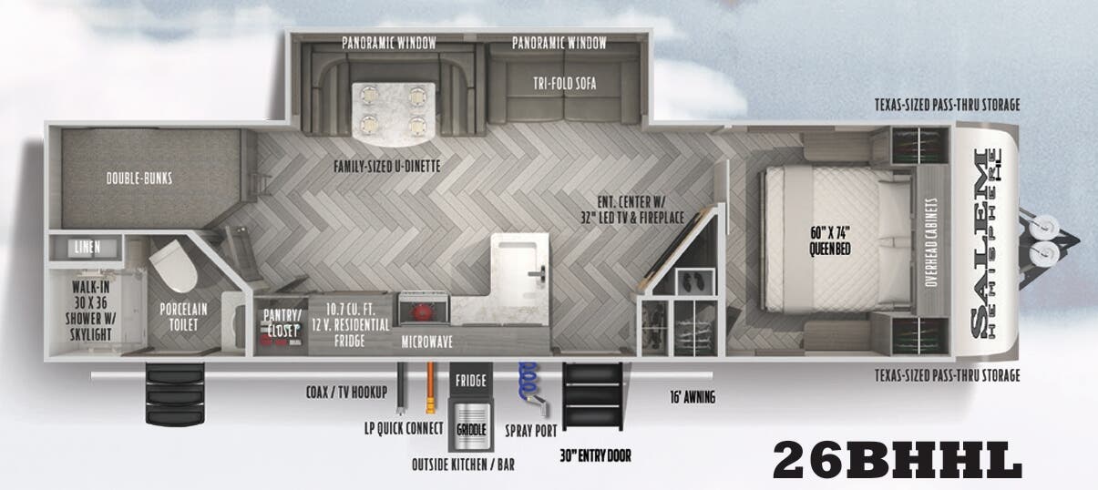 View 2022 Forest River Salem Hemisphere Hyper-Lyte 26BHHL complete specs and manufacturer brochures