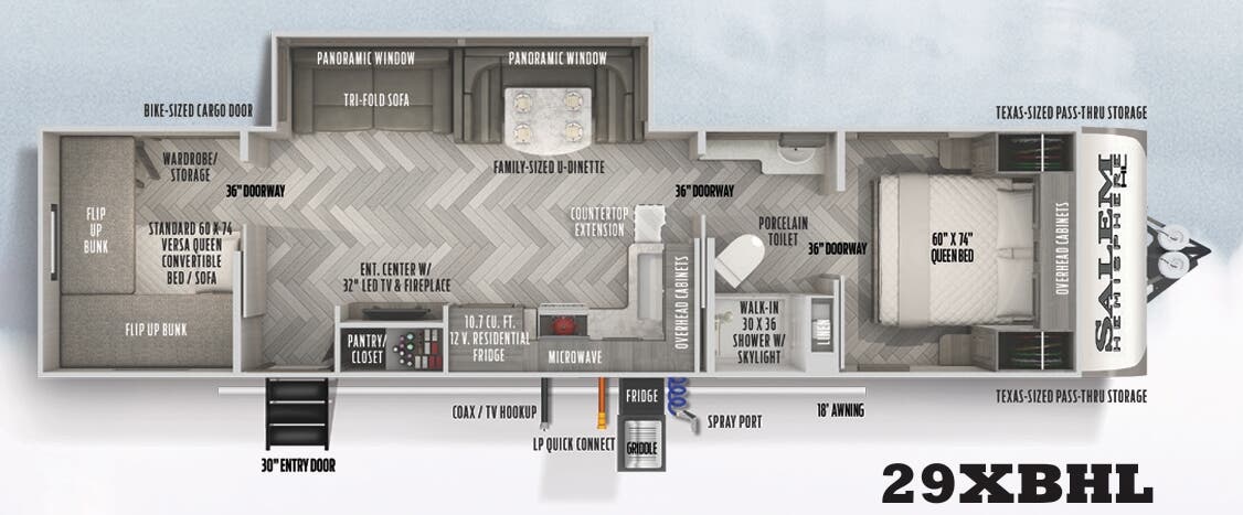 View 2022 Forest River Salem Hemisphere Hyper-Lyte 29XBHL complete specs and manufacturer brochures