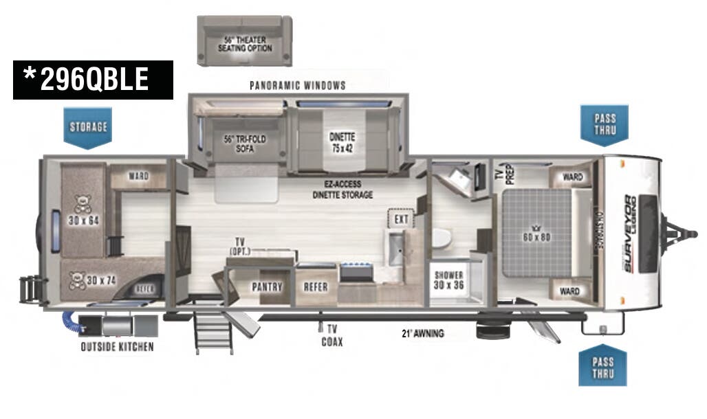 View 2022 Forest River Surveyor Legend 296QBLE complete specs and manufacturer brochures