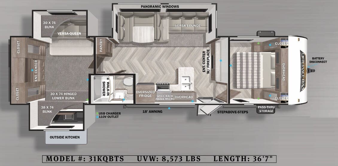 View 2022 Forest River Wildwood 31KQBTS complete specs and manufacturer brochures