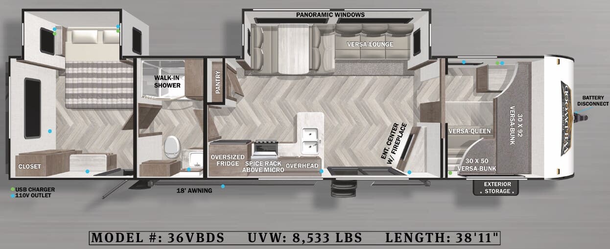 View 2022 Forest River Wildwood 36VBDS complete specs and manufacturer brochures