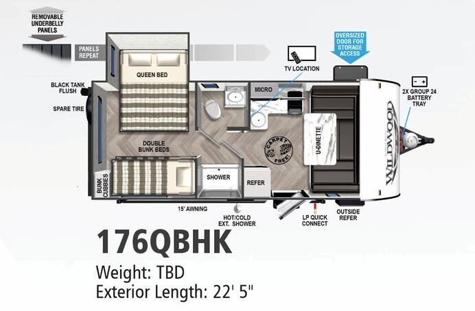 View 2022 Forest River Wildwood FSX 176QBHK complete specs and manufacturer brochures