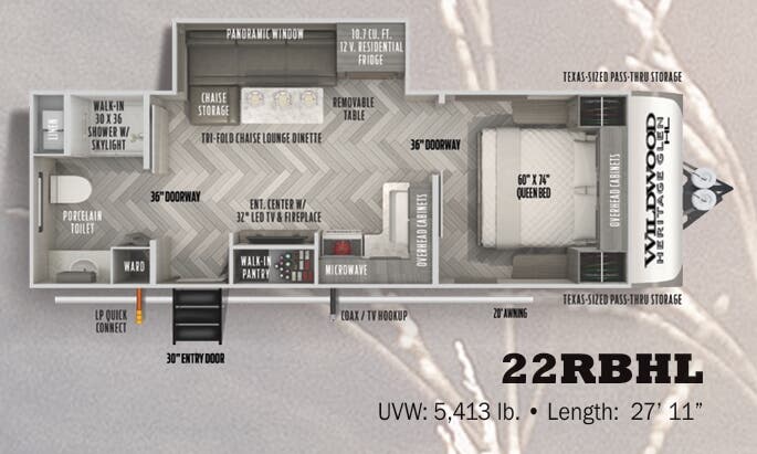 View 2022 Forest River Wildwood Heritage Glen Hyper-Lyte 22RBHL complete specs and manufacturer brochures
