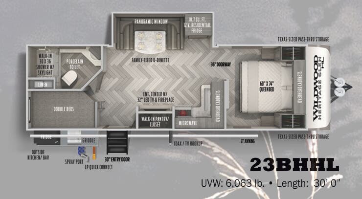 View 2022 Forest River Wildwood Heritage Glen Hyper-Lyte 23BHHL complete specs and manufacturer brochures