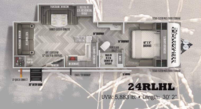View 2022 Forest River Wildwood Heritage Glen Hyper-Lyte 24RLHL complete specs and manufacturer brochures