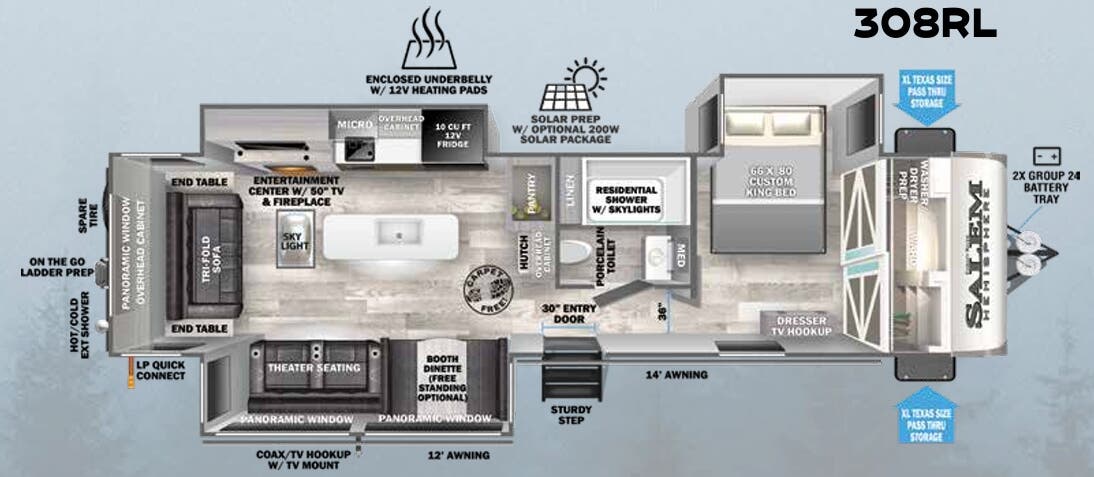 View 2023 Forest River Salem Hemisphere 308RL complete specs and manufacturer brochures