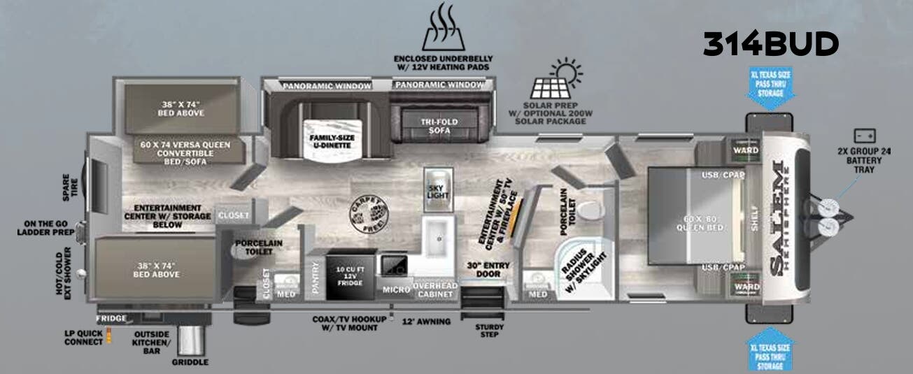 View 2023 Forest River Salem Hemisphere 314BUD complete specs and manufacturer brochures