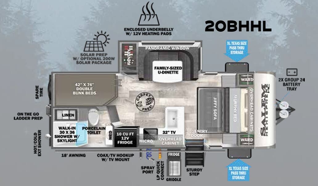 View 2023 Forest River Salem Hemisphere Hyper-Lyte 20BHHL complete specs and manufacturer brochures