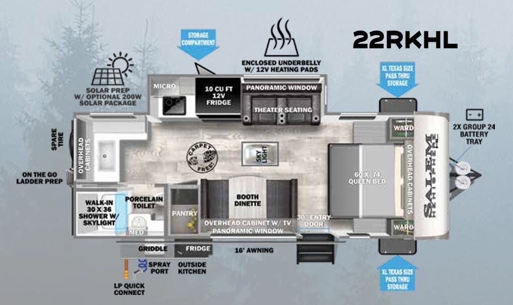 View 2023 Forest River Salem Hemisphere Hyper-Lyte 22RKHL complete specs and manufacturer brochures