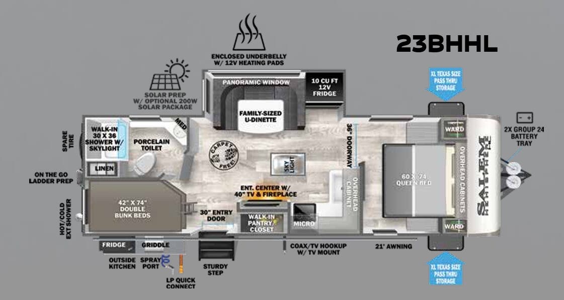 View 2023 Forest River Salem Hemisphere Hyper-Lyte 23BHHL complete specs and manufacturer brochures