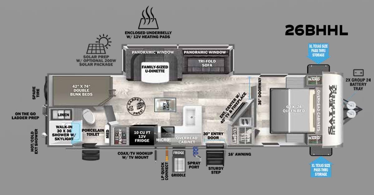 View 2023 Forest River Salem Hemisphere Hyper-Lyte 26BHHL complete specs and manufacturer brochures