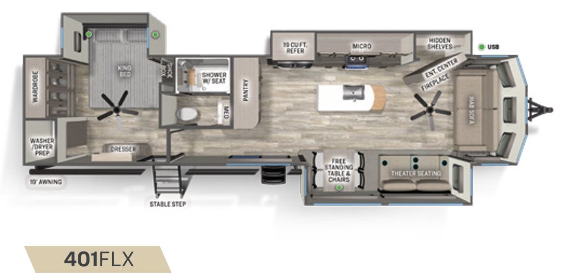 View 2023 Forest River Sandpiper Destination 401FLX complete specs and manufacturer brochures
