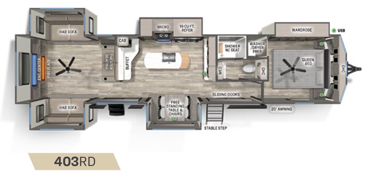 View 2023 Forest River Sandpiper Destination 403RD complete specs and manufacturer brochures