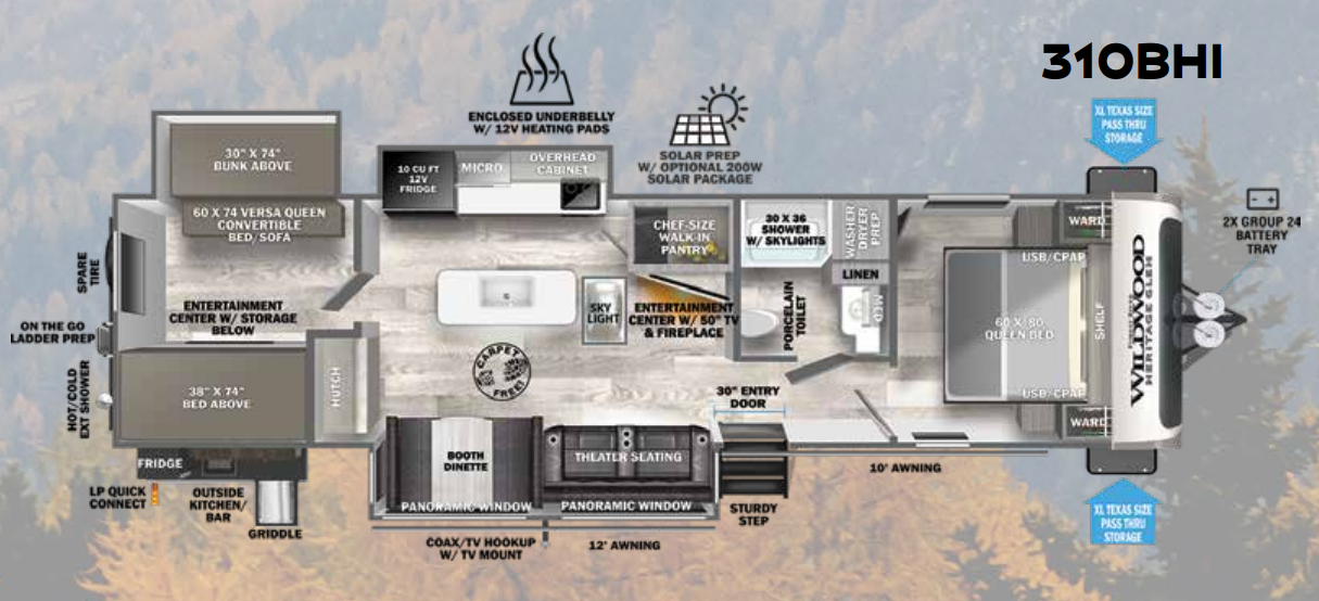 View 2023 Forest River Wildwood Heritage Glen 310BHI complete specs and manufacturer brochures