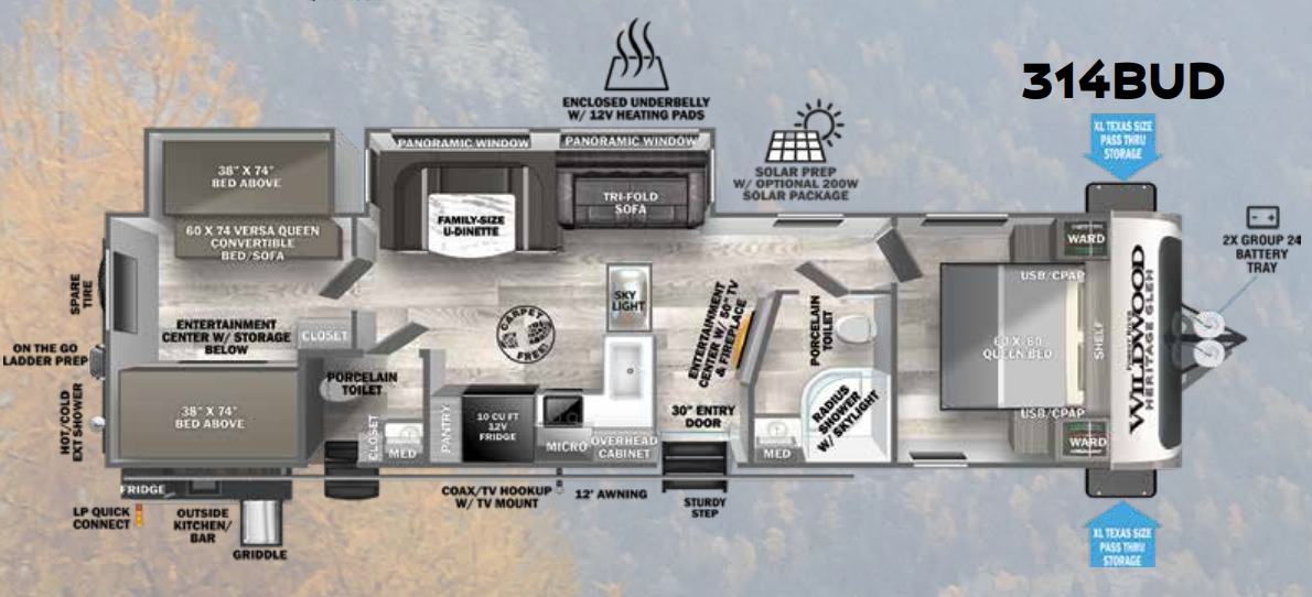 View 2023 Forest River Wildwood Heritage Glen 314BUD complete specs and manufacturer brochures