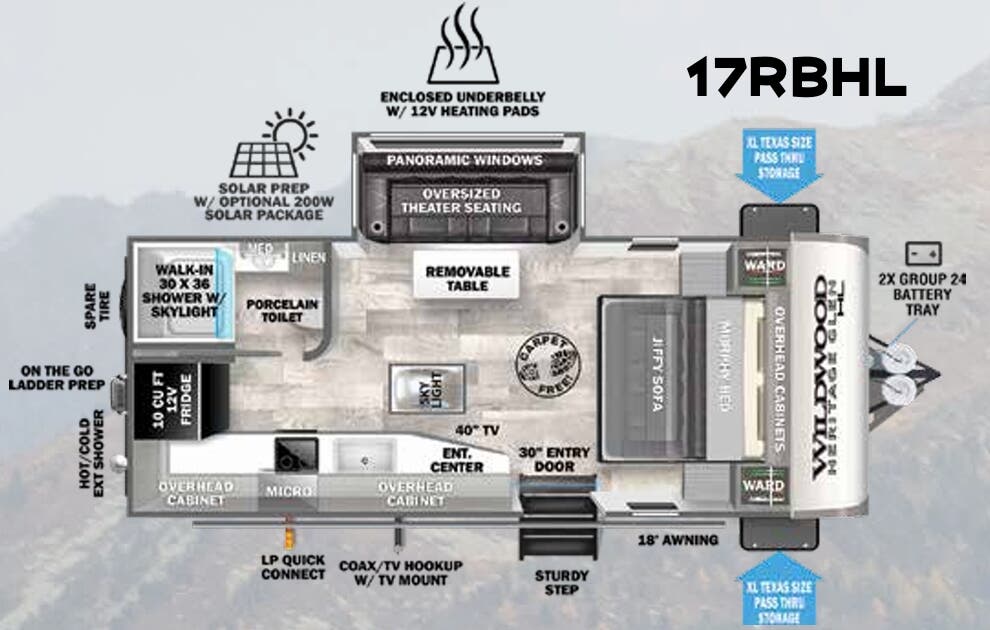 View 2023 Forest River Wildwood Heritage Glen Hyper-Lyte 17RBHL complete specs and manufacturer brochures