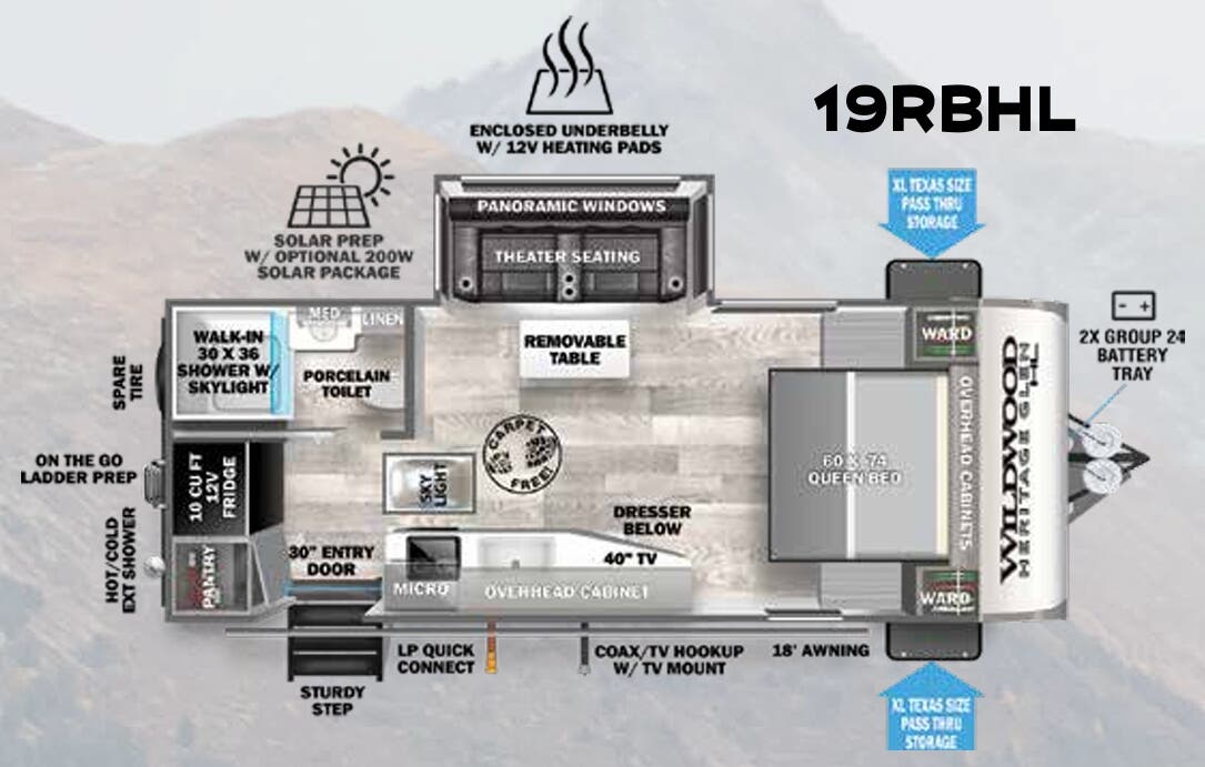 View 2023 Forest River Wildwood Heritage Glen Hyper-Lyte 19RBHL complete specs and manufacturer brochures