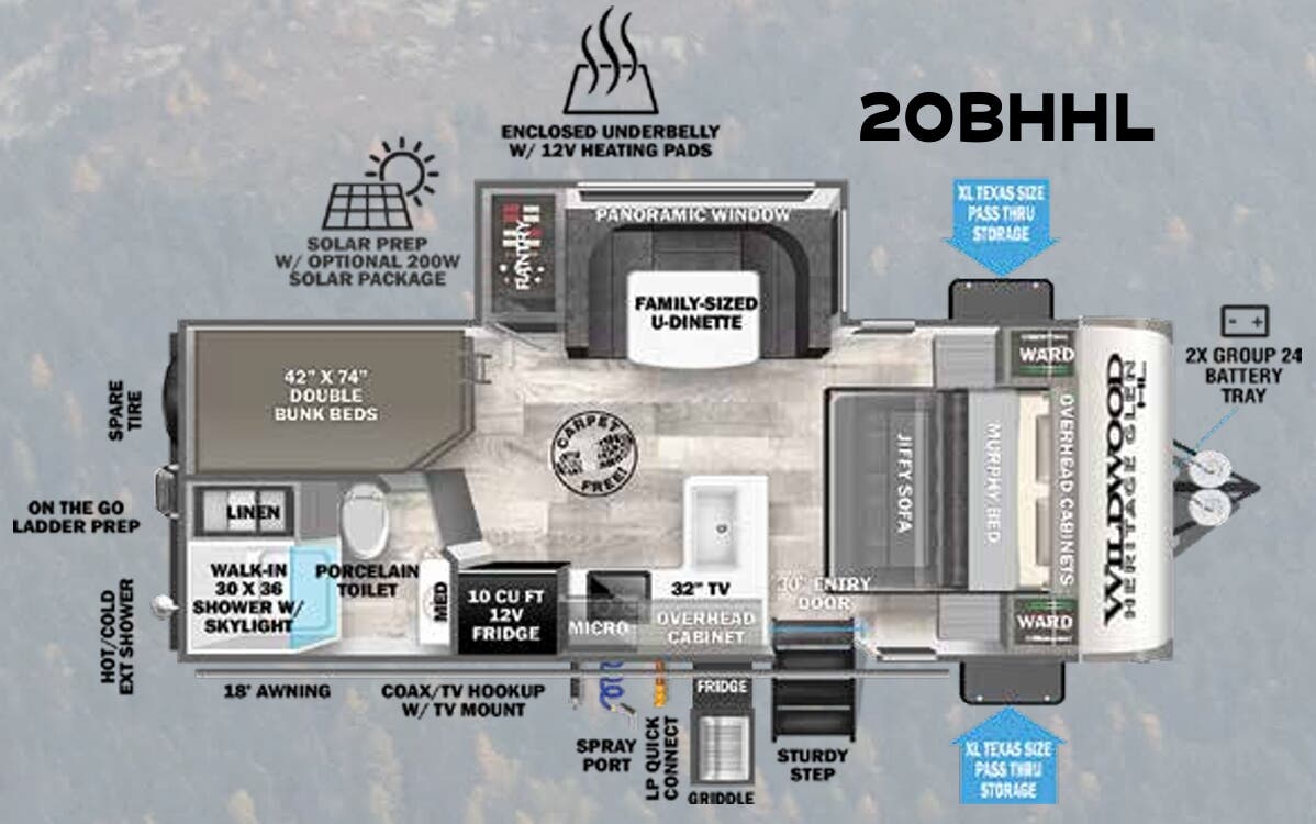 View 2023 Forest River Wildwood Heritage Glen Hyper-Lyte 20BHHL complete specs and manufacturer brochures