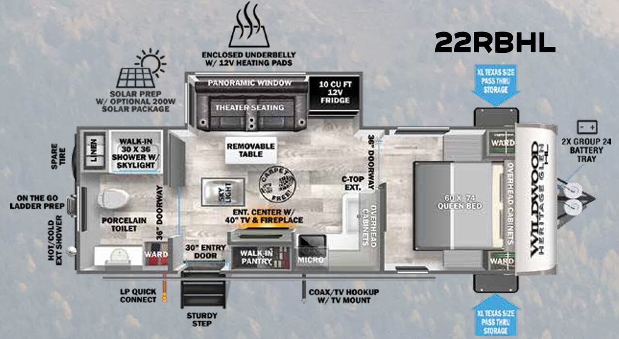 View 2023 Forest River Wildwood Heritage Glen Hyper-Lyte 22RBHL complete specs and manufacturer brochures
