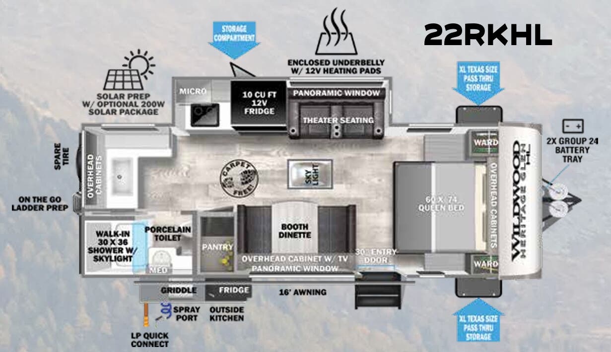 View 2023 Forest River Wildwood Heritage Glen Hyper-Lyte 22RKHL complete specs and manufacturer brochures