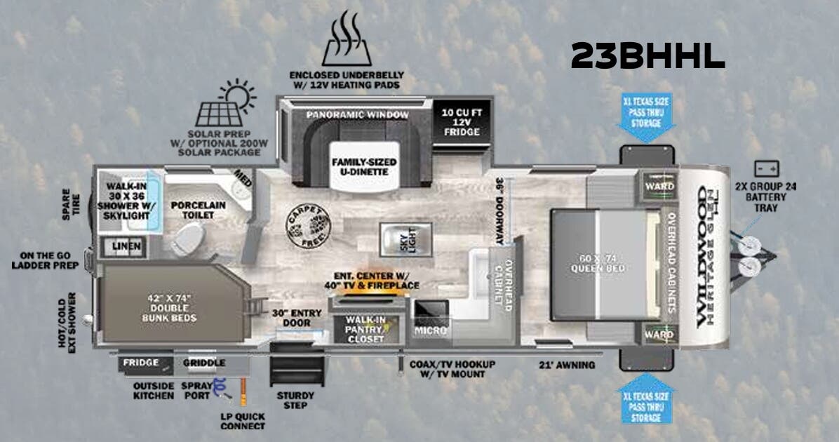 View 2023 Forest River Wildwood Heritage Glen Hyper-Lyte 23BHHL complete specs and manufacturer brochures
