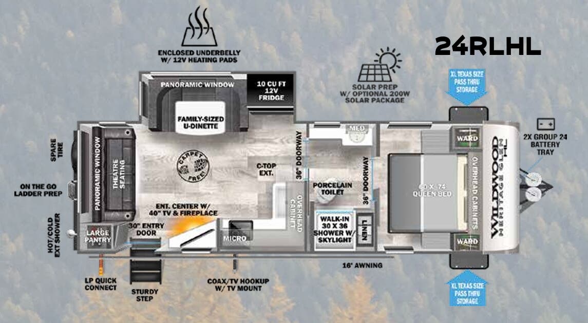 View 2023 Forest River Wildwood Heritage Glen Hyper-Lyte 24RLHL complete specs and manufacturer brochures