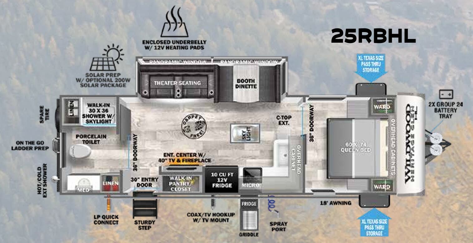 View 2023 Forest River Wildwood Heritage Glen Hyper-Lyte 25RBHL complete specs and manufacturer brochures