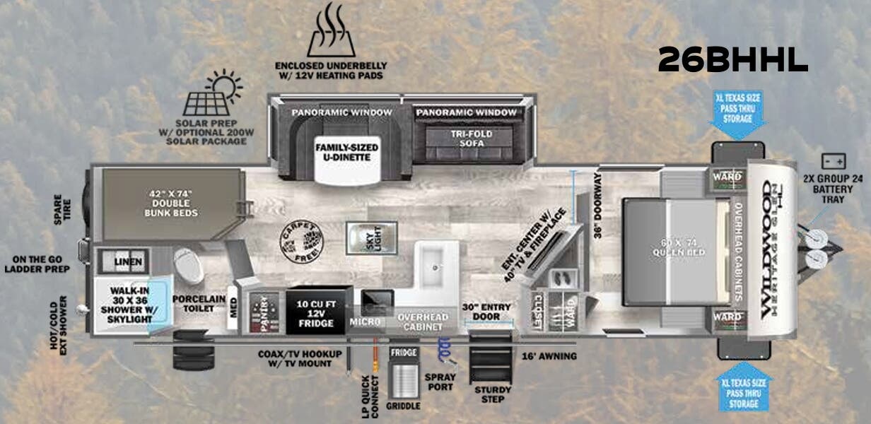 View 2023 Forest River Wildwood Heritage Glen Hyper-Lyte 26BHHL complete specs and manufacturer brochures