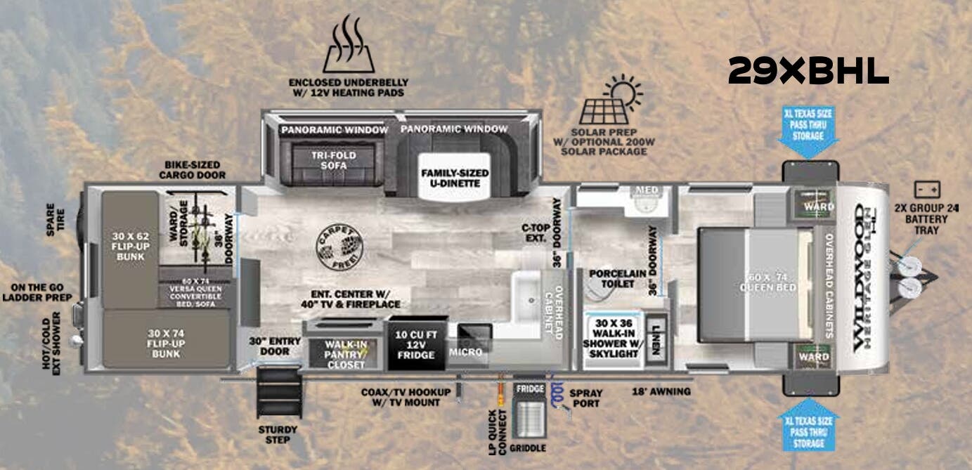 View 2023 Forest River Wildwood Heritage Glen Hyper-Lyte 29XBHL complete specs and manufacturer brochures