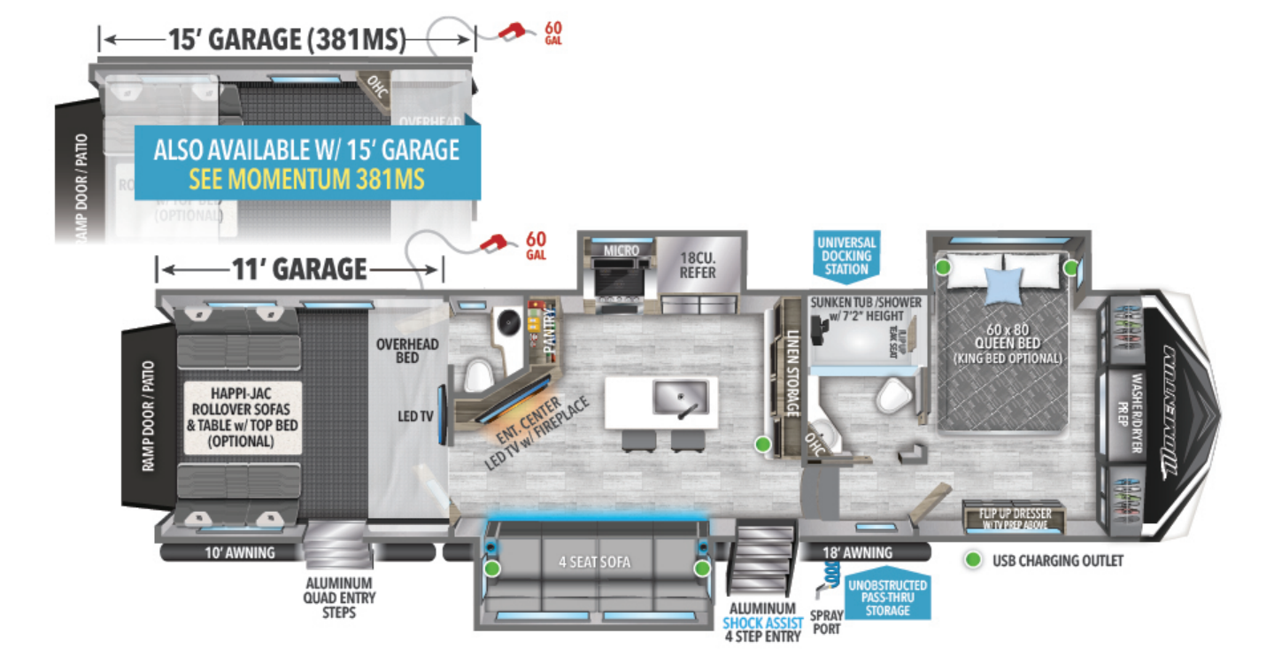 View 2023 Grand Design Momentum M-Class 381MS complete specs and manufacturer brochures