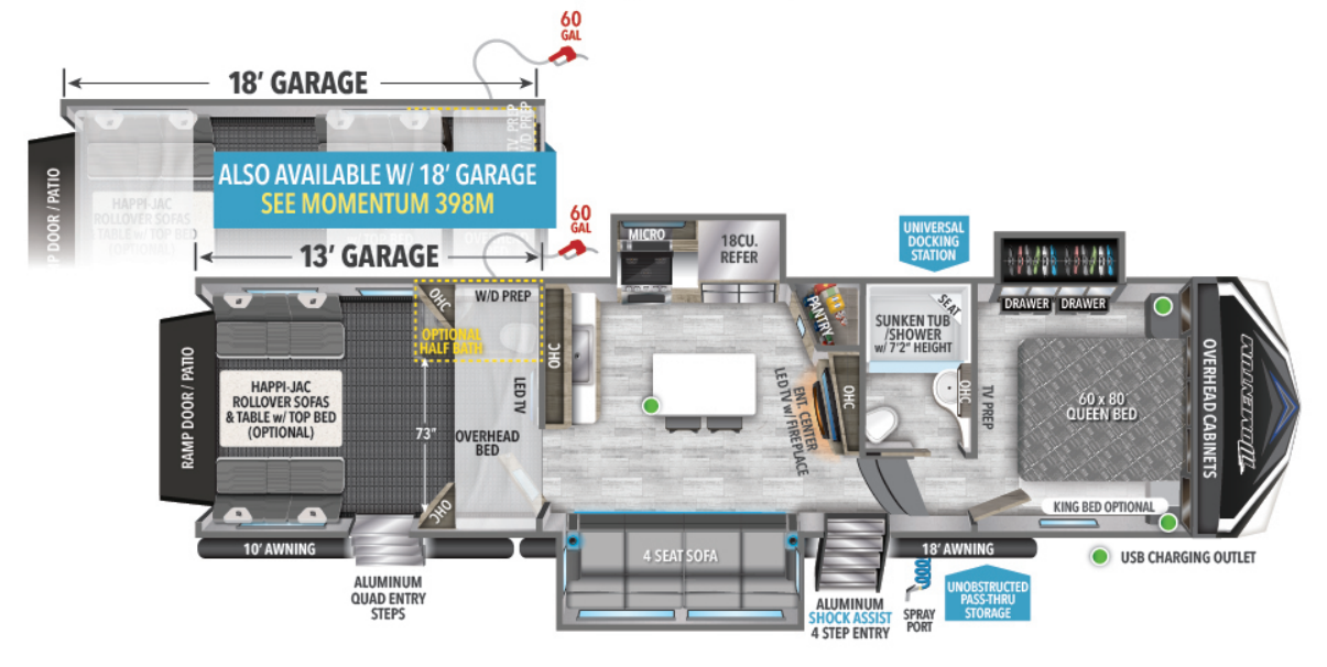 View 2023 Grand Design Momentum M-Class 398M complete specs and manufacturer brochures