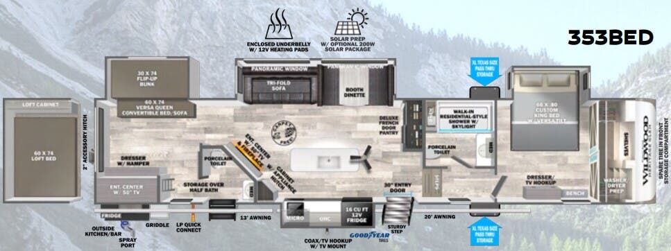 View 2024 Forest River Wildwood Heritage Glen 353BED complete specs and manufacturer brochures
