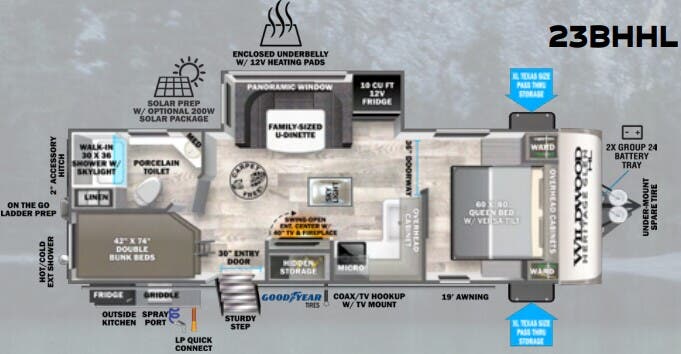 View 2024 Forest River Wildwood Heritage Glen Hyper-Lyte 23BHHL complete specs and manufacturer brochures