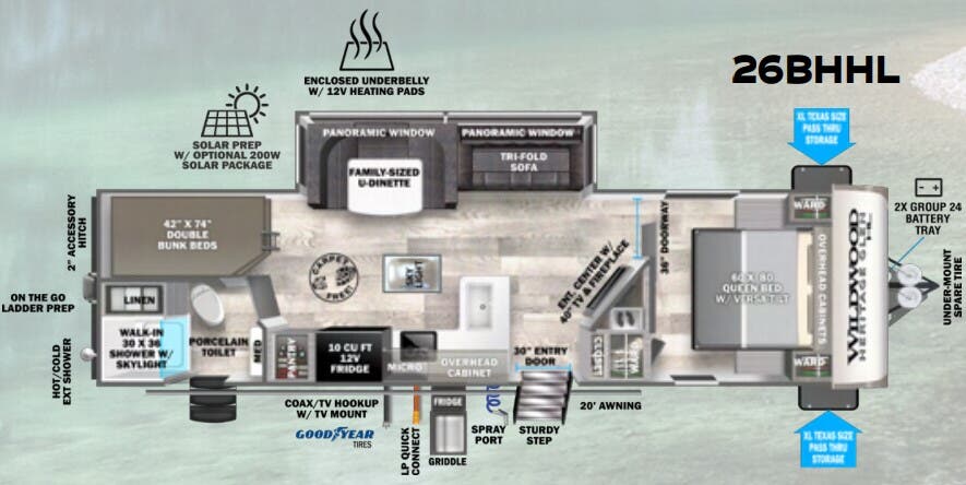 View 2024 Forest River Wildwood Heritage Glen Hyper-Lyte 26BHHL complete specs and manufacturer brochures